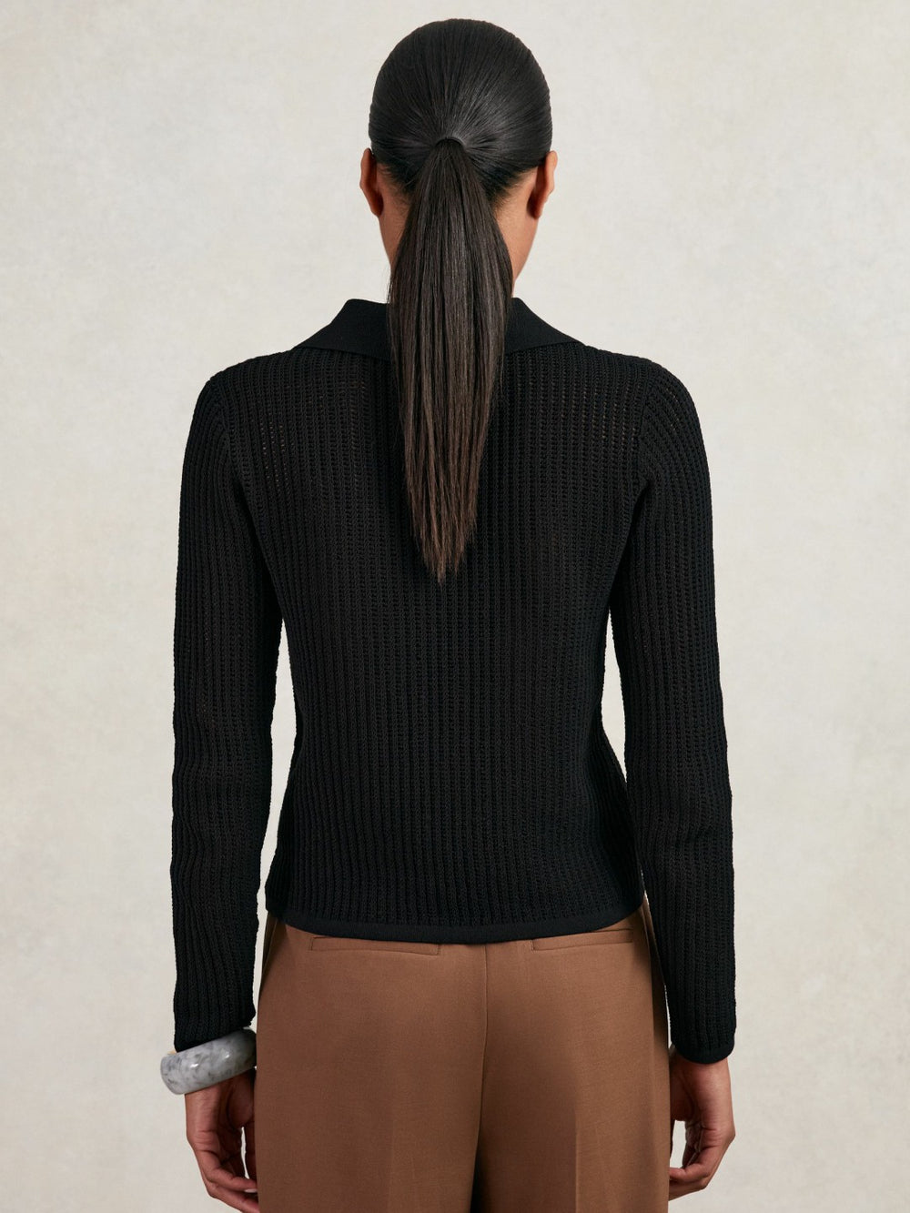 Reiss | Open-Knit Long-Sleeve Polo Top in Black