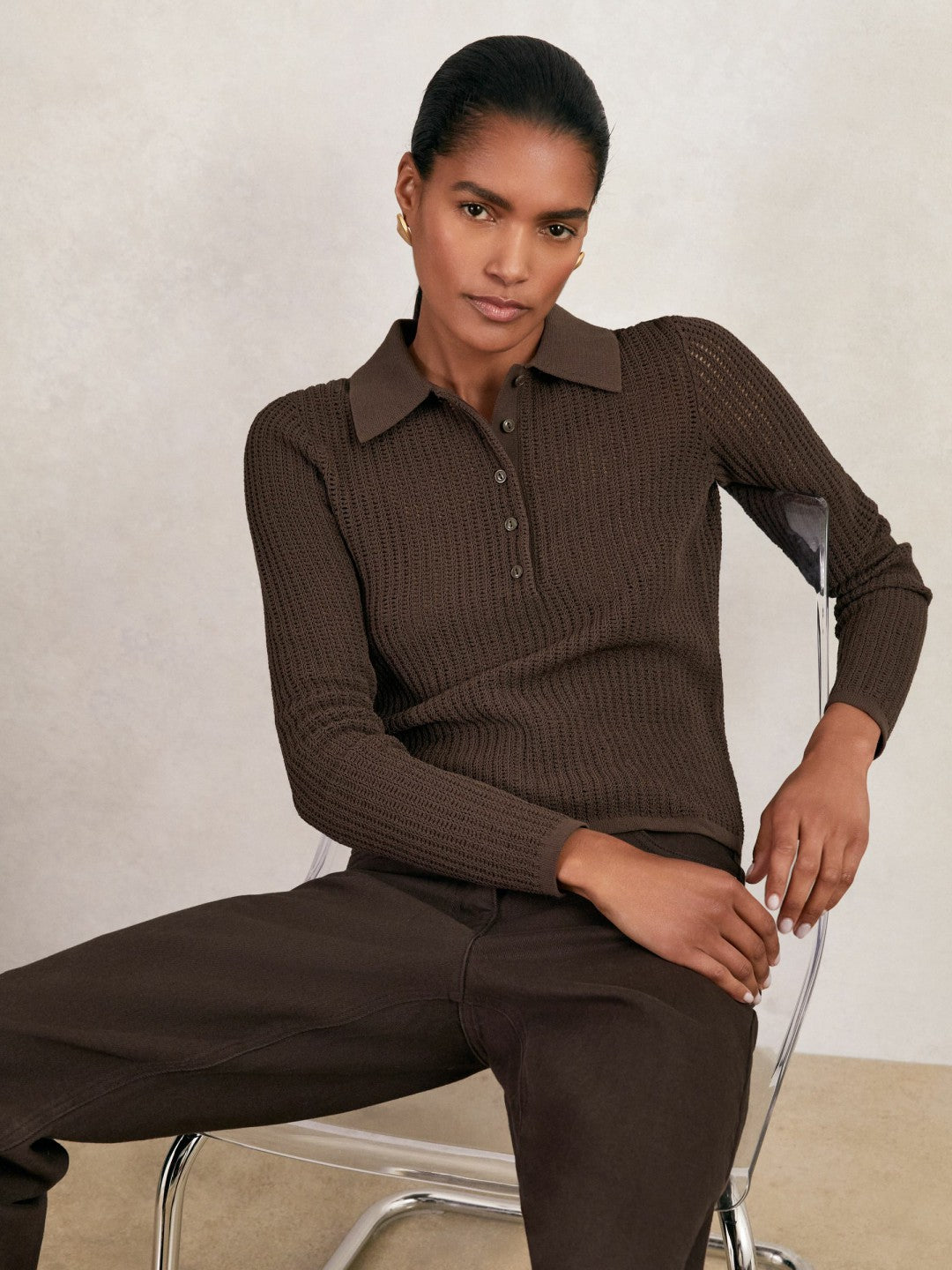 Reiss | Open-Knit Long-Sleeve Polo Top in Chocolate Brown