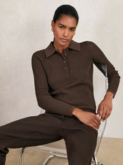 Reiss | Open-Knit Long-Sleeve Polo Top in Chocolate Brown