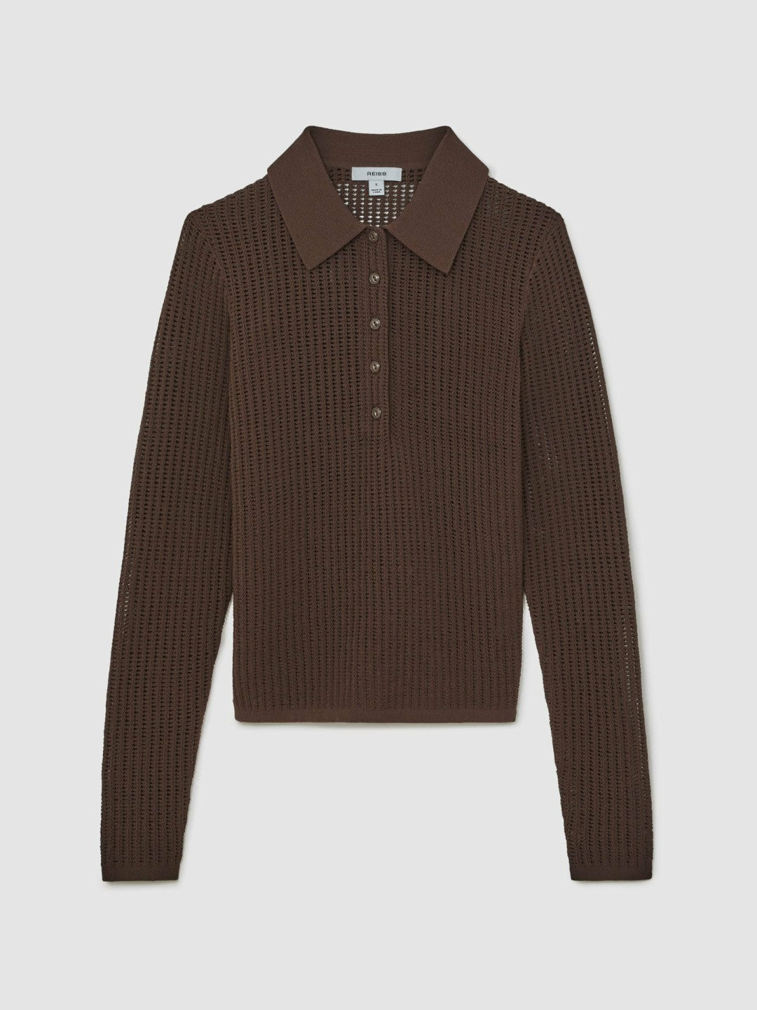 Reiss | Open-Knit Long-Sleeve Polo Top in Chocolate Brown