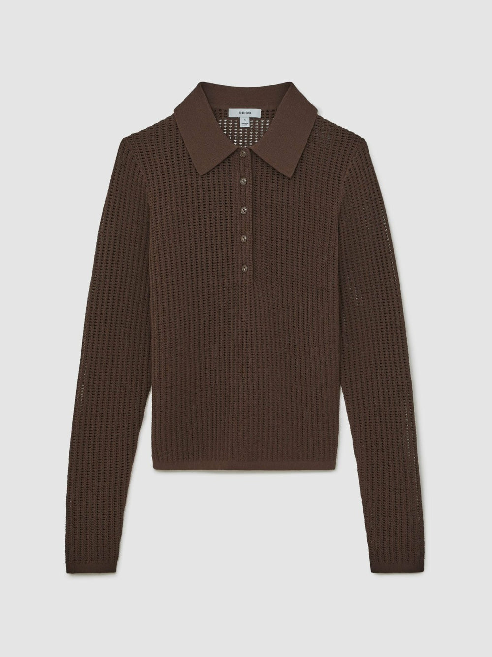 Reiss | Open-Knit Long-Sleeve Polo Top in Chocolate Brown