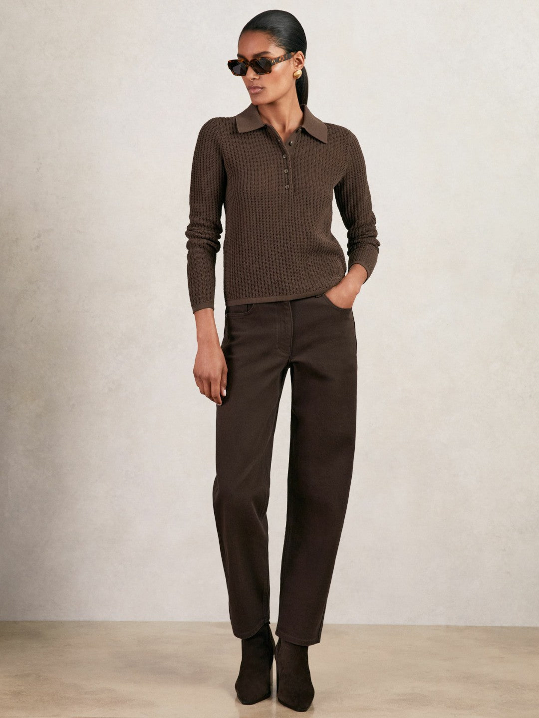 Reiss | Open-Knit Long-Sleeve Polo Top in Chocolate Brown