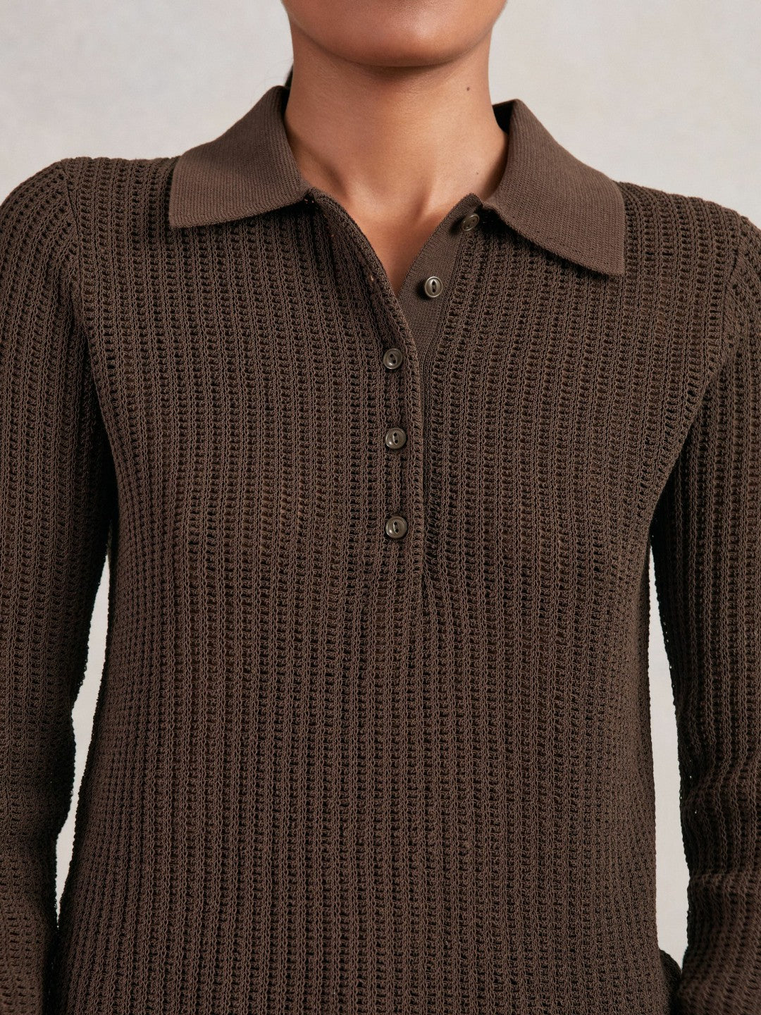Reiss | Open-Knit Long-Sleeve Polo Top in Chocolate Brown