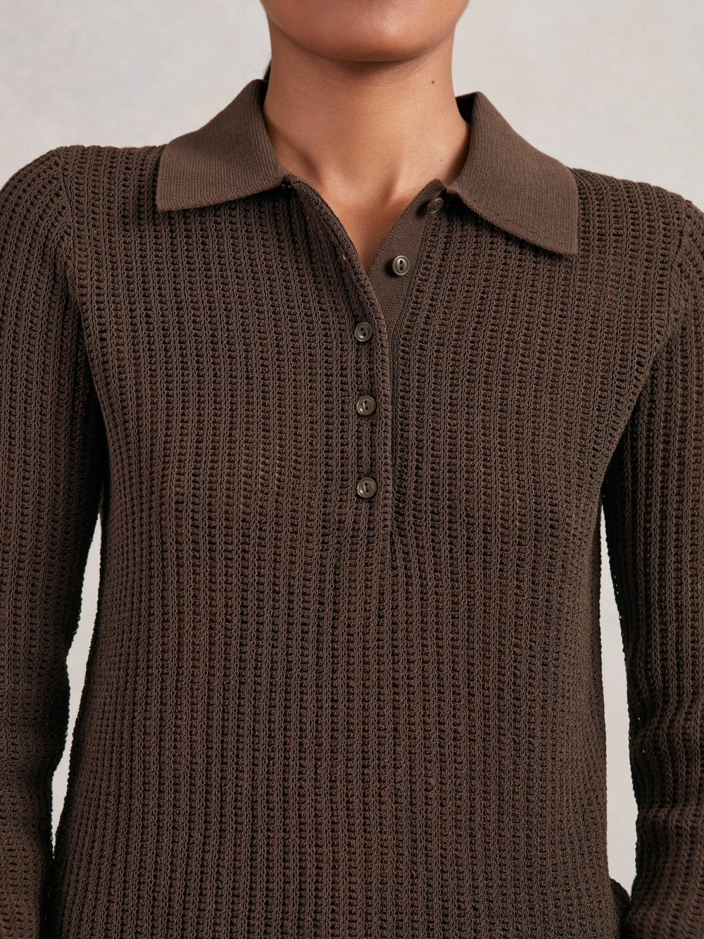 Reiss | Open-Knit Long-Sleeve Polo Top in Chocolate Brown