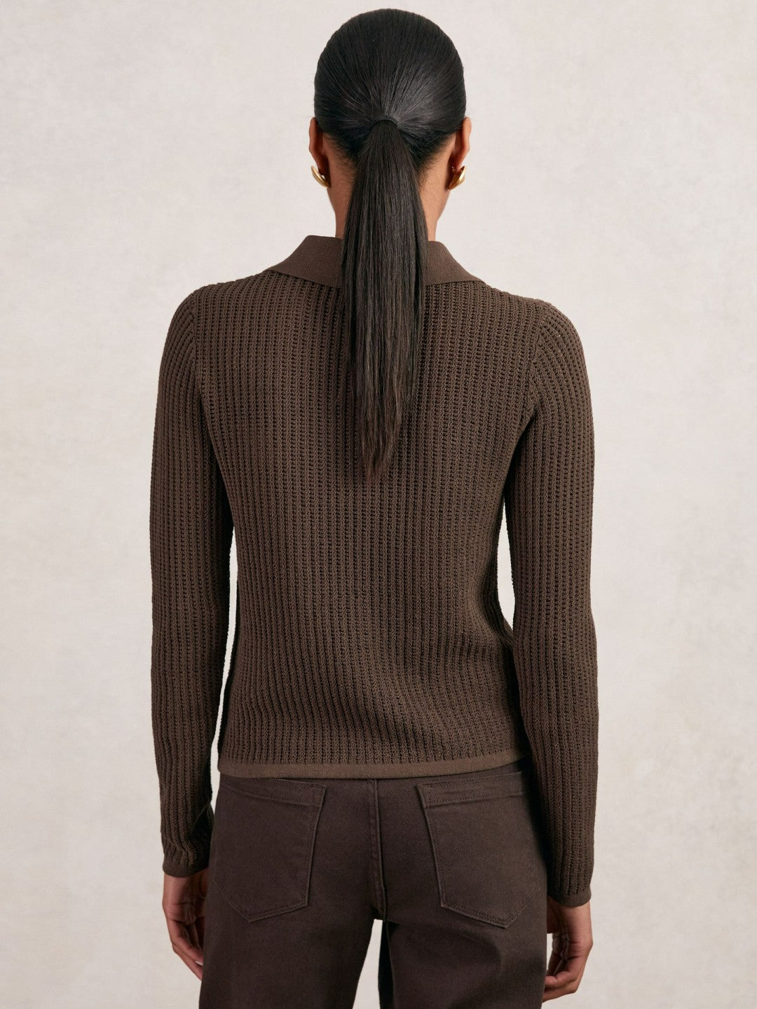 Reiss | Open-Knit Long-Sleeve Polo Top in Chocolate Brown
