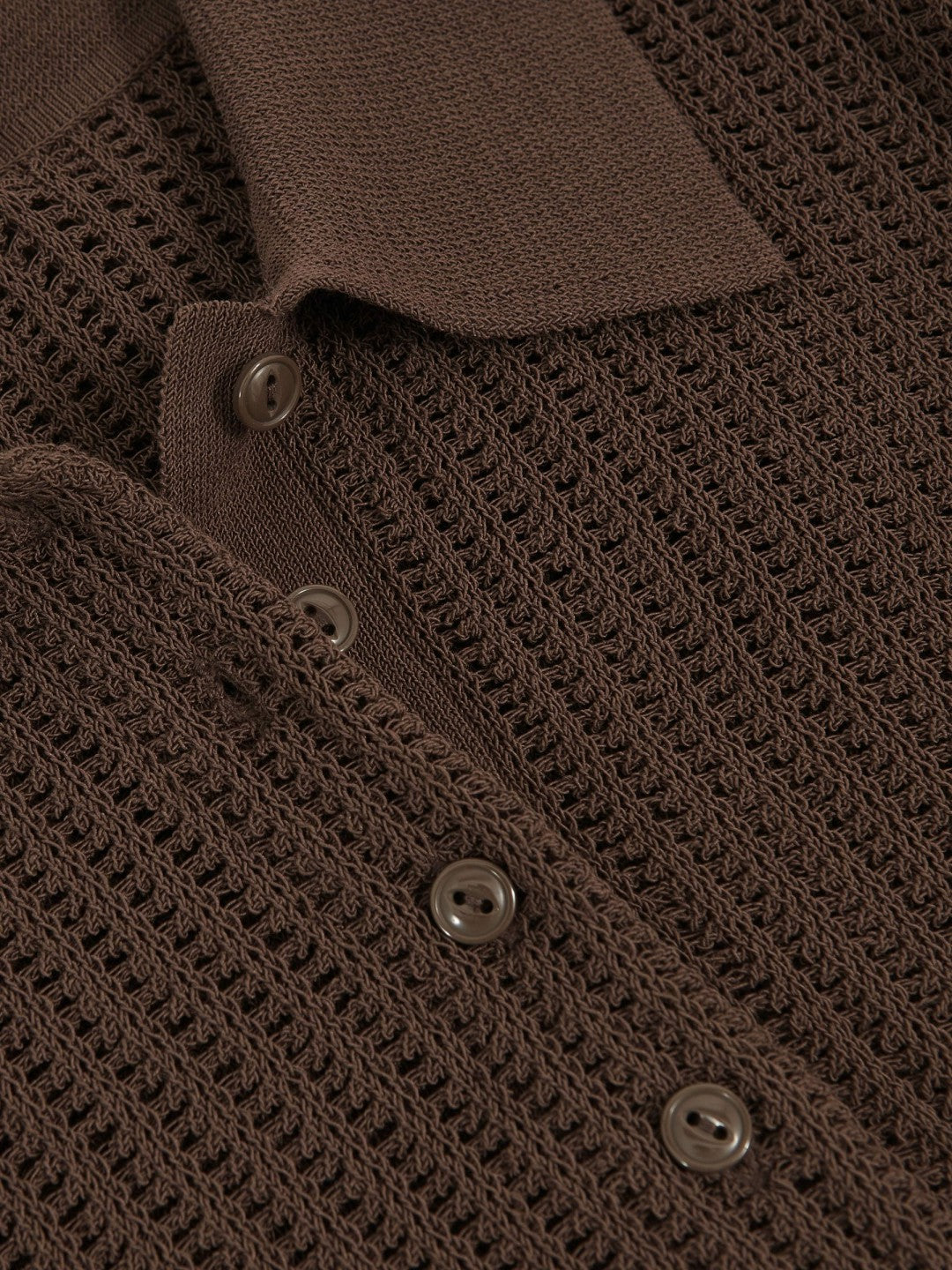 Reiss | Open-Knit Long-Sleeve Polo Top in Chocolate Brown