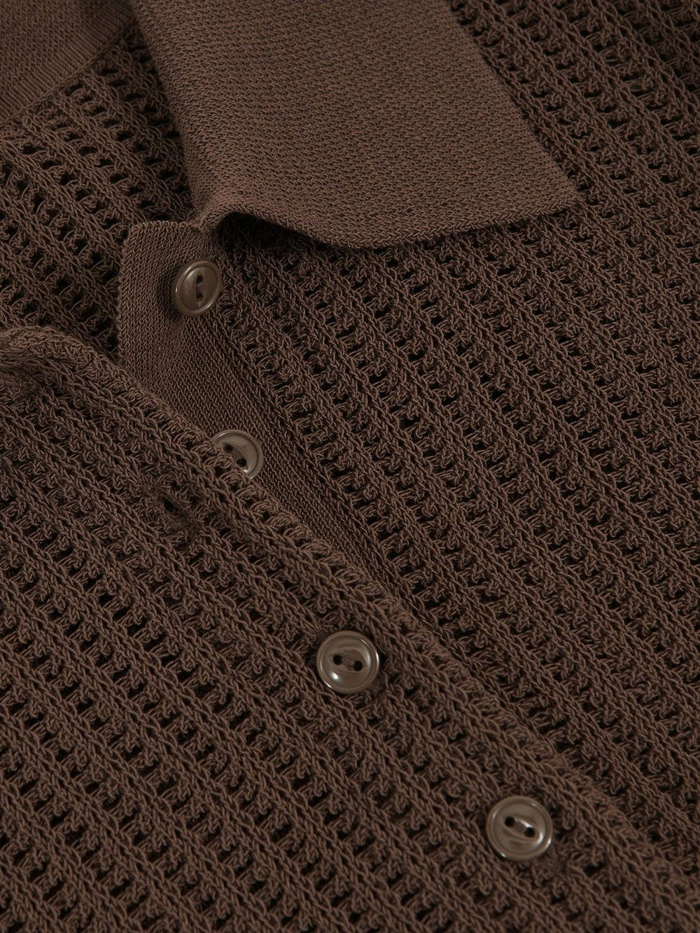 Reiss | Open-Knit Long-Sleeve Polo Top in Chocolate Brown