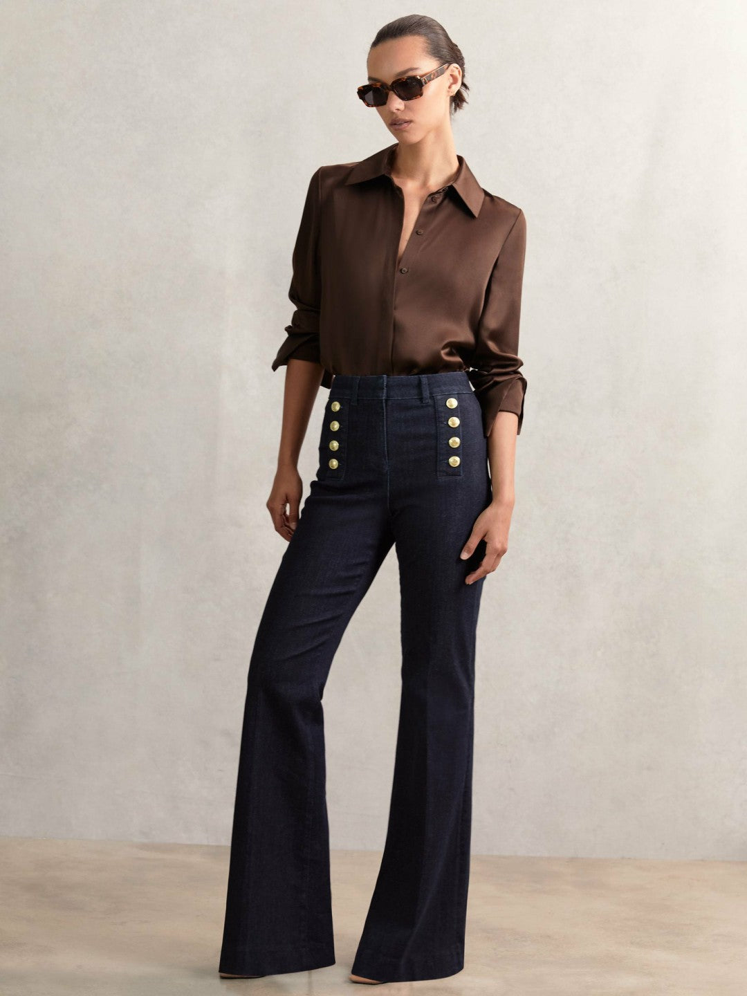 Reiss | Petite Button-Detail High-Rise Flared Jeans in Dark Blue