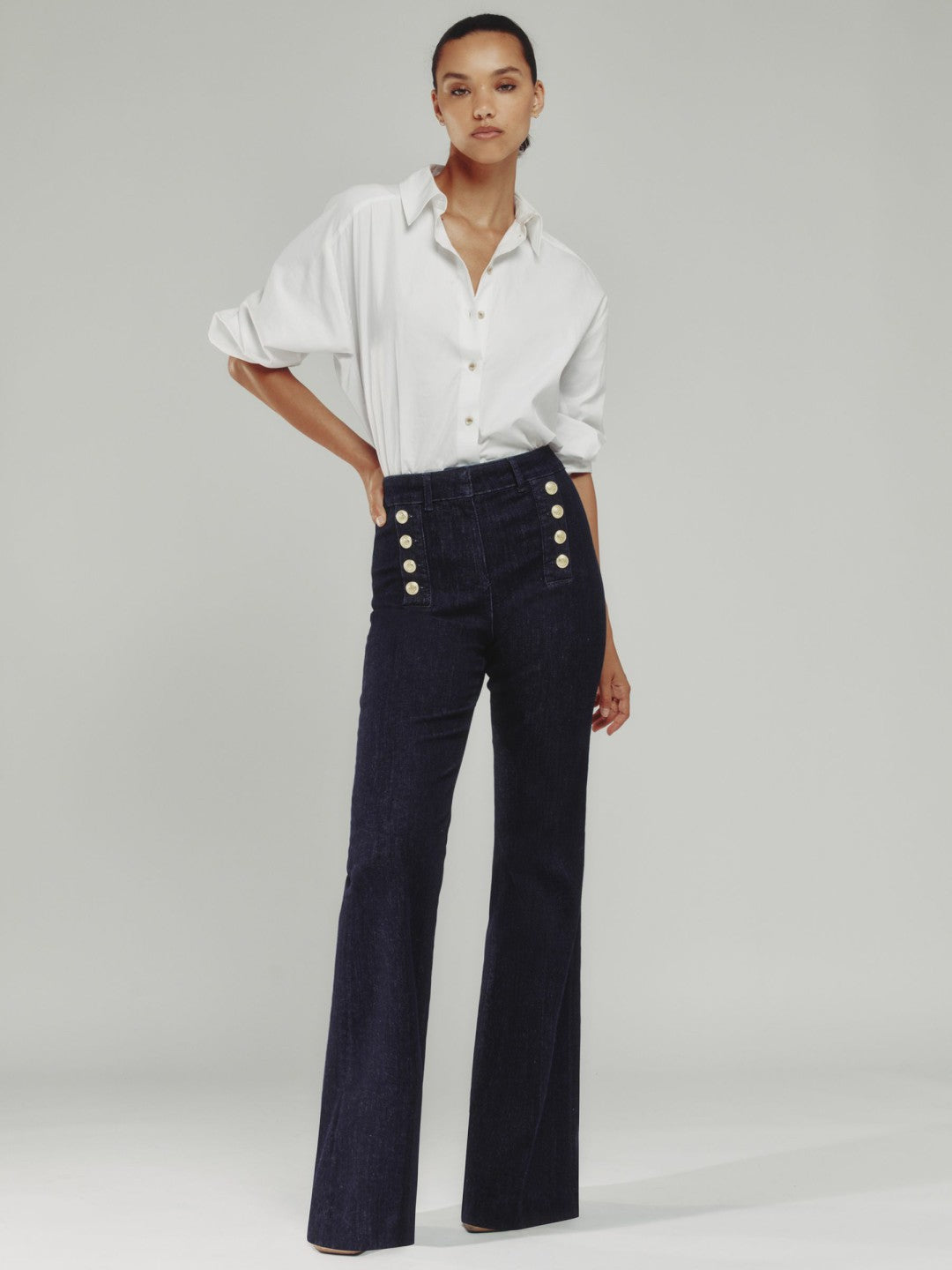 Reiss | Petite Button-Detail High-Rise Flared Jeans in Dark Blue