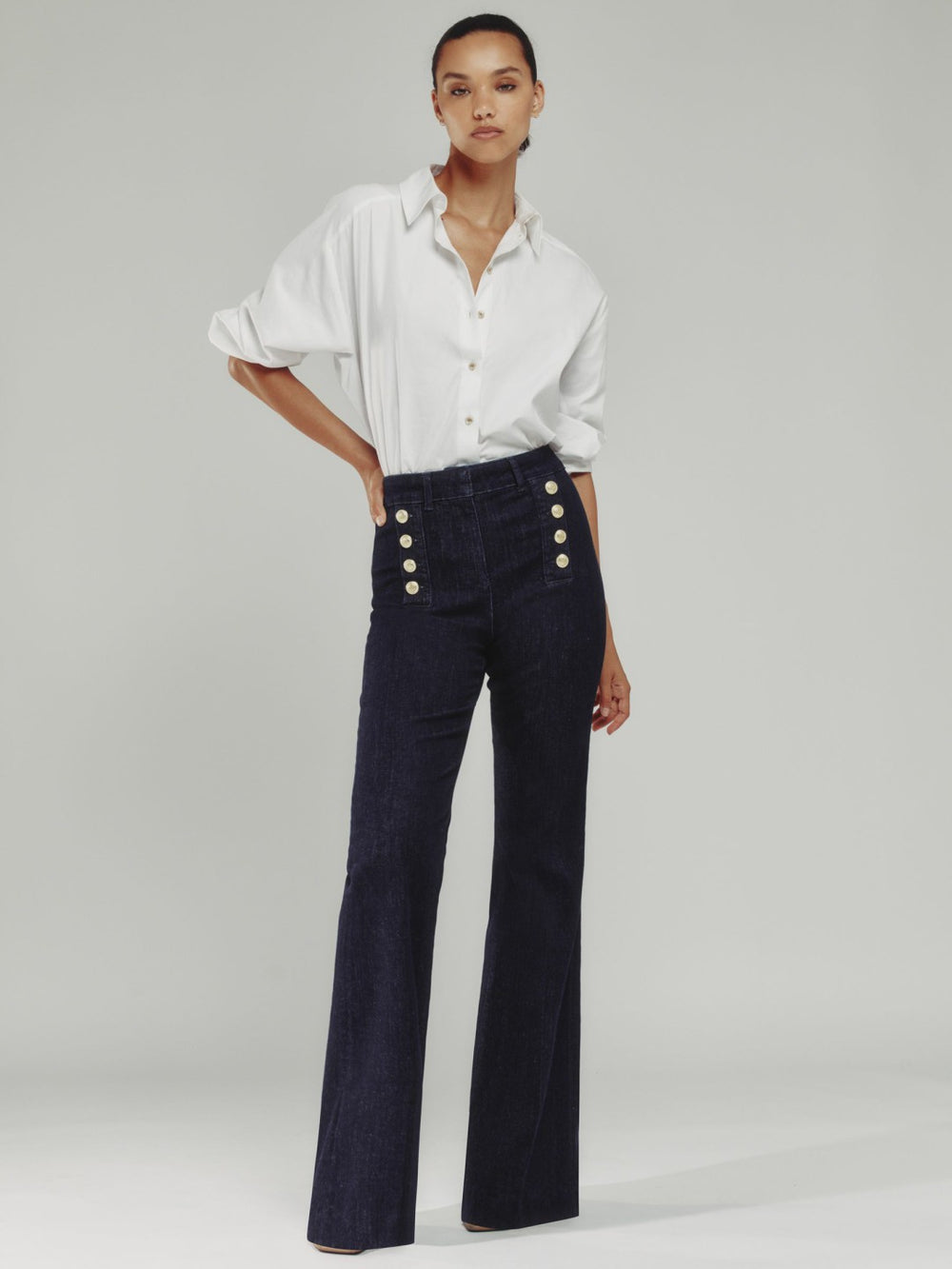 Reiss | Petite Button-Detail High-Rise Flared Jeans in Dark Blue