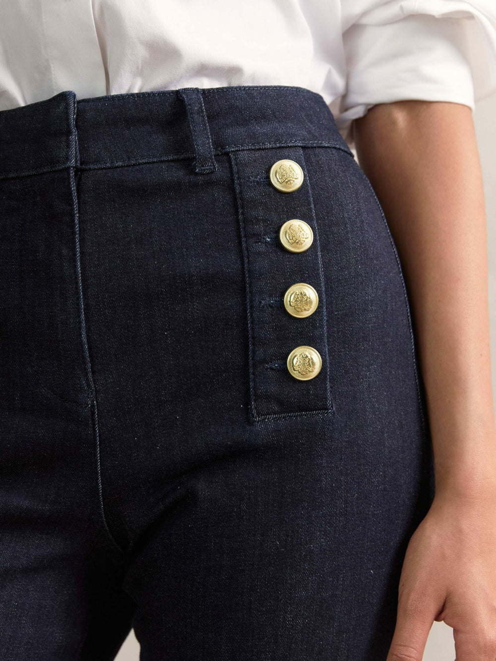 Reiss | Petite Button-Detail High-Rise Flared Jeans in Dark Blue